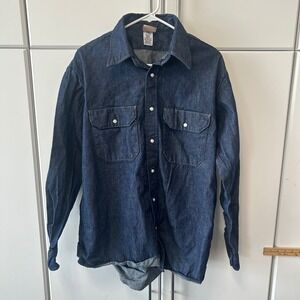 Red Kap Mens Denim Work Shirt Dark Wash Cotton Button Down Long Sleeve L-RG